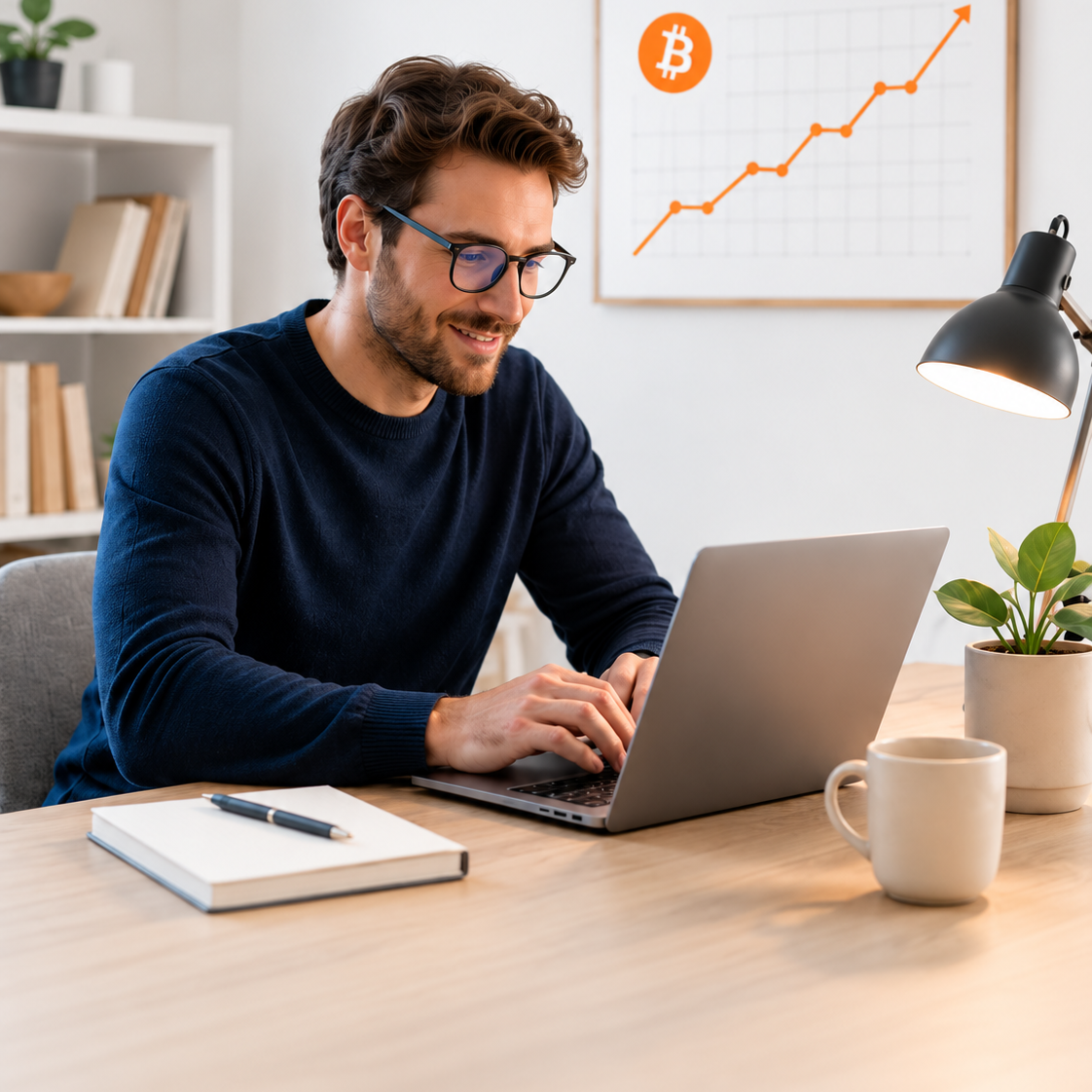 Homme suivant une formation sur le bitcoin depuis son ordinateur